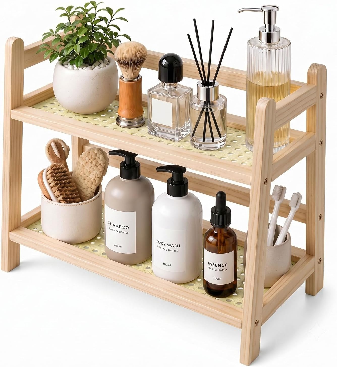 Rattan-Look Bathroom Counter Organizer, Countertop Shelf for Bathroom Decor