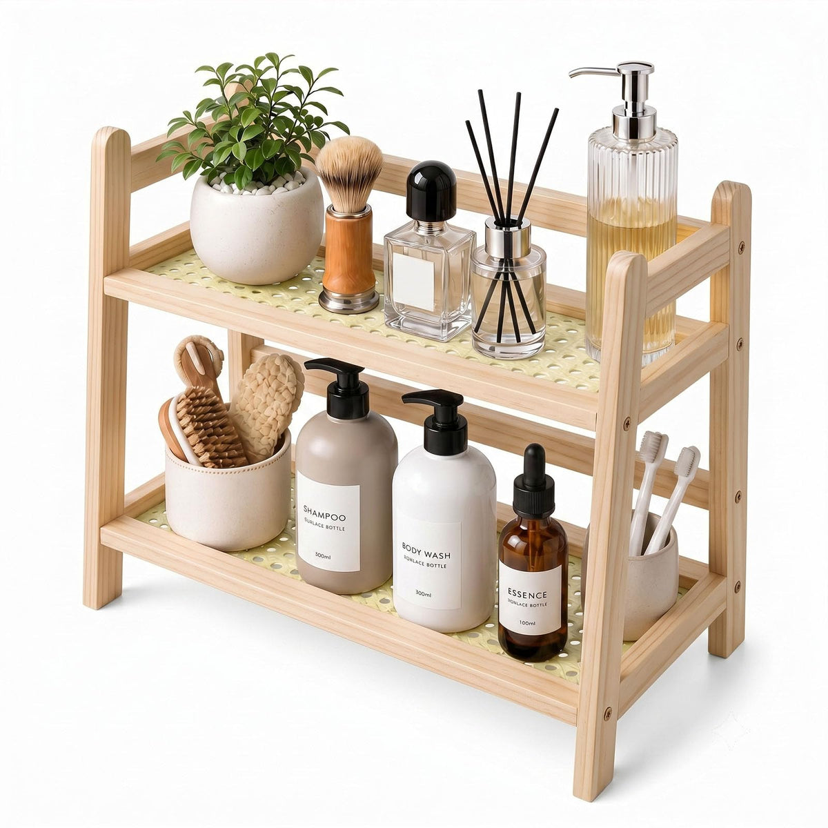 Rattan-Look Bathroom Counter Organizer, Countertop Shelf for Bathroom Decor