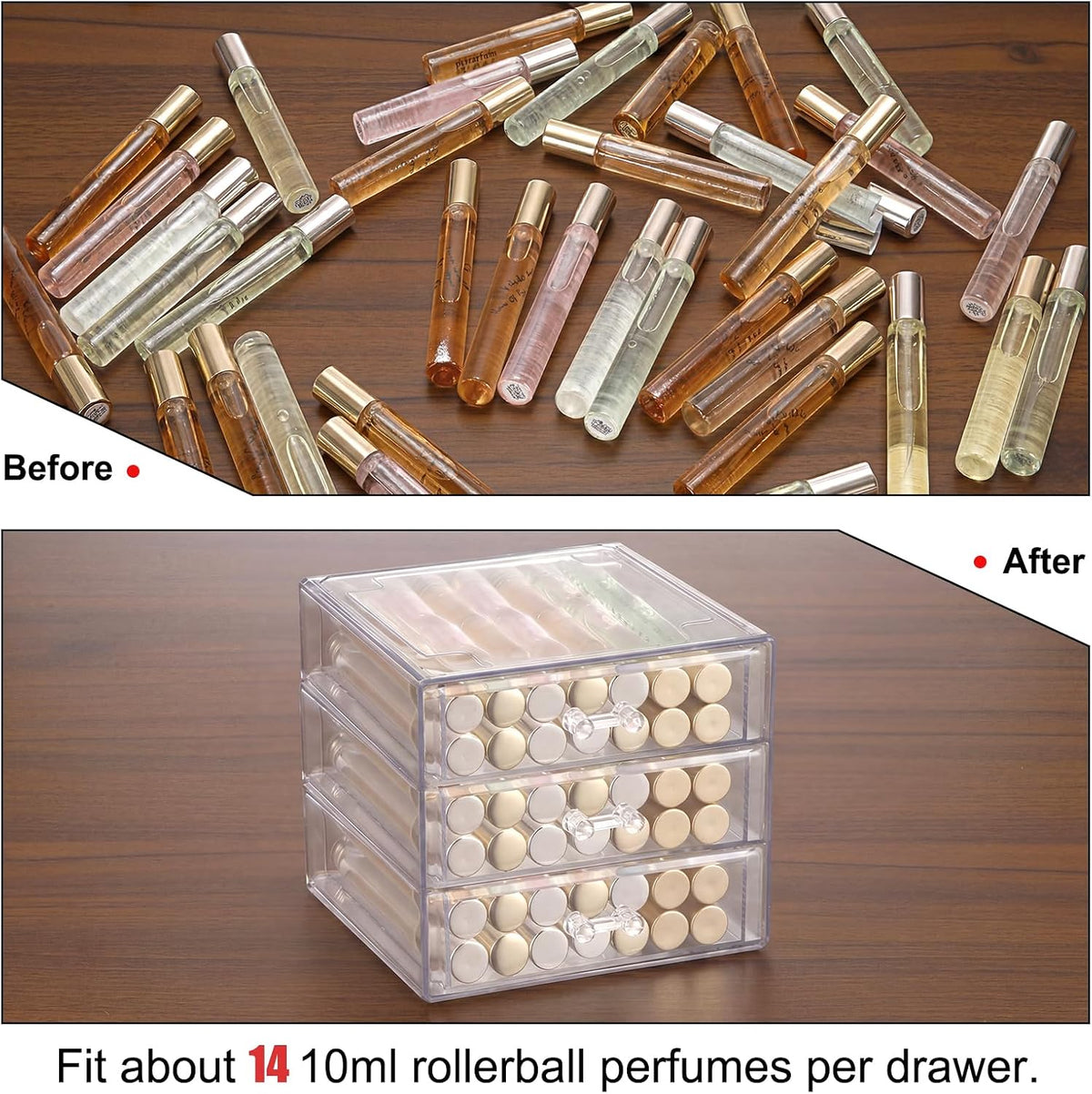 ELLDOO Rollerball Perfume Organizer with 3 Drawer, Clear Acrylic Perfume Storage Holder Beauty Scent Holder, Makeup Lipgloss Lipstick Display Case Office Supplies Box