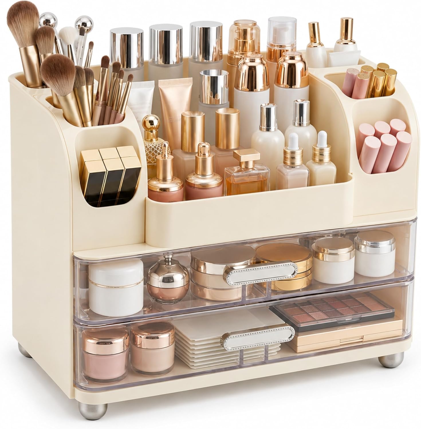 ROOM127 Makeup Organizer for Vanity with 2 Clear Drawers and Brush Holders