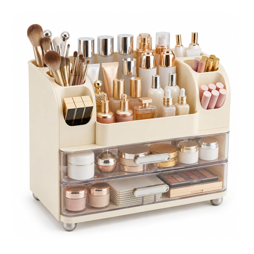 ROOM127 Makeup Organizer for Vanity with 2 Clear Drawers and Brush Holders