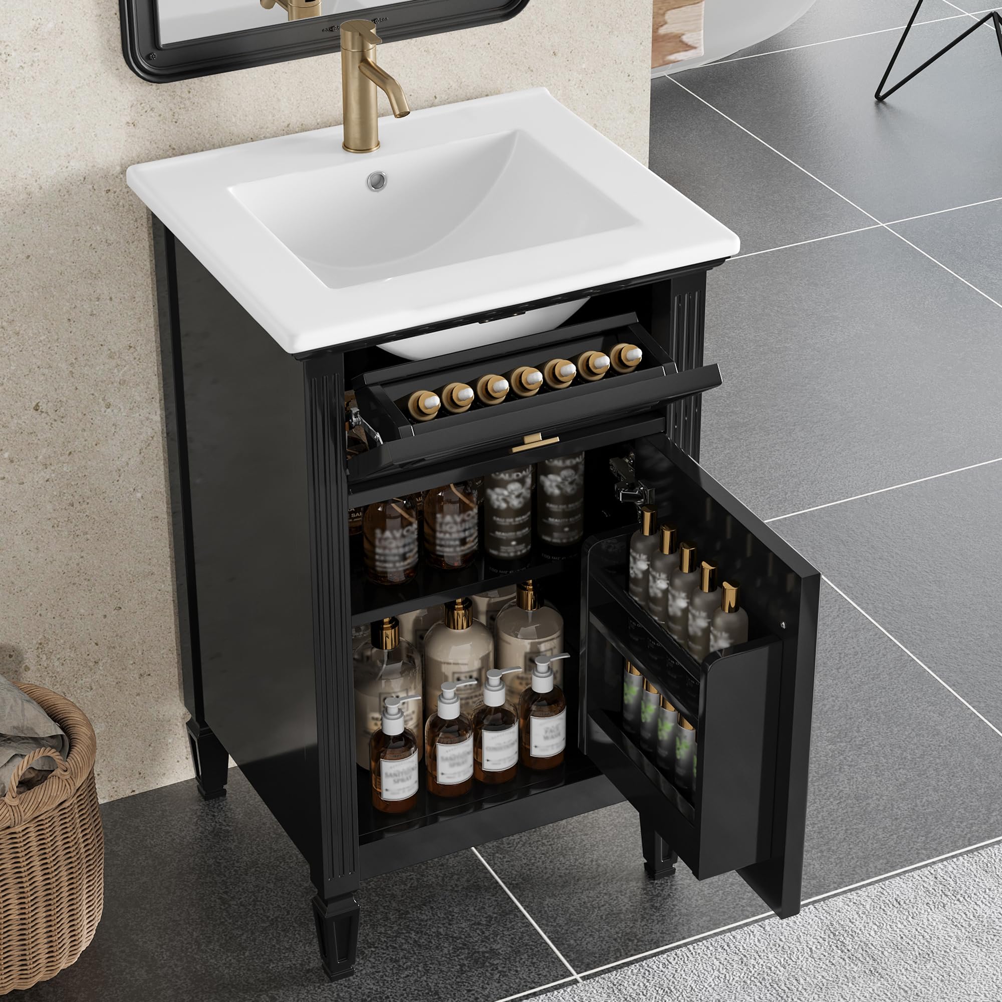 Virubi 20 in Small Bathroom Vanity with Sink, Soft Closing Door,Tilt-Out Drawer and Adjustable Shelf,Solid Wood Frame Modern Single Bathroom Sink Cabinet with Storage, Freestanding, Natural Wood