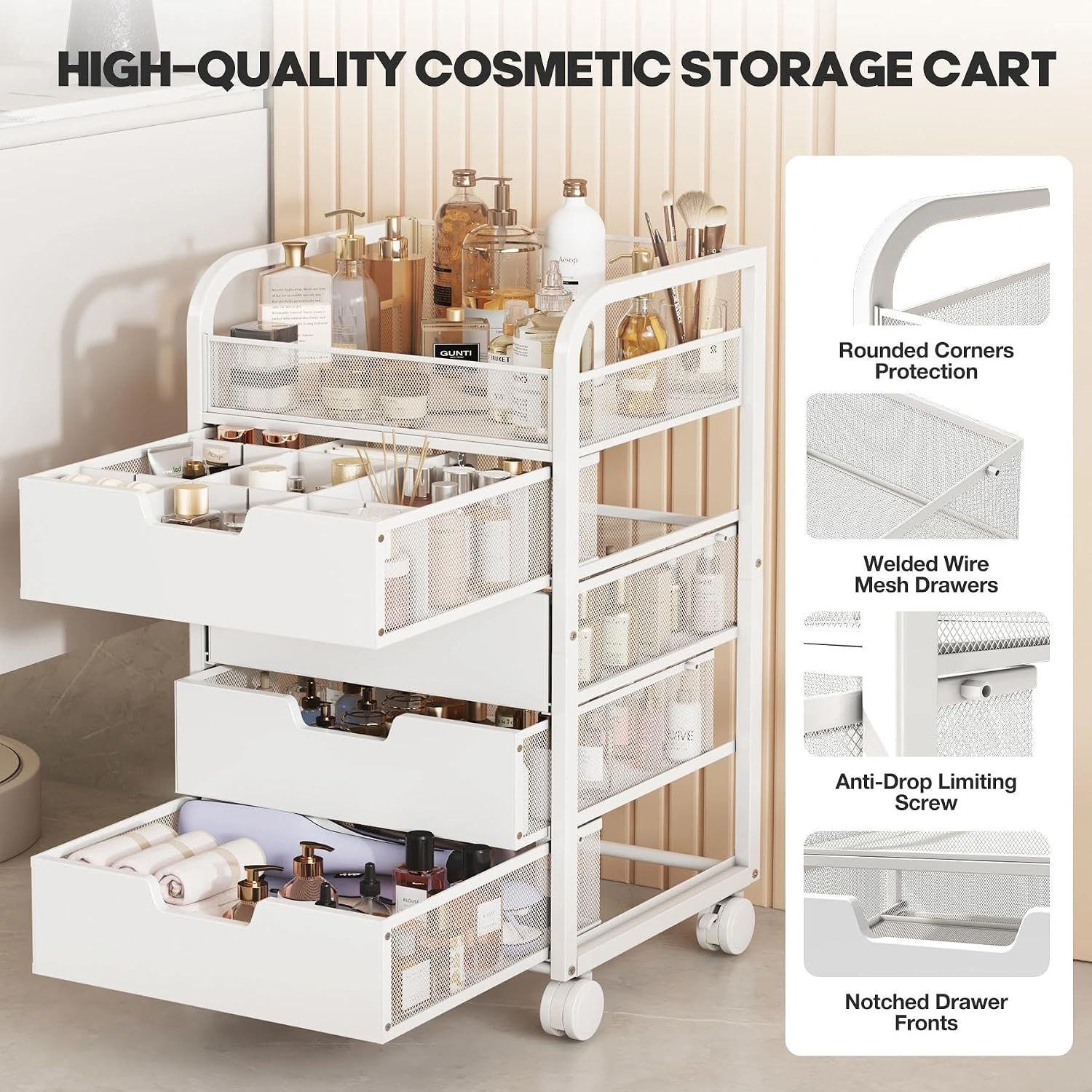 Makeup Cart Organizer with 4 Drawers and Dividers
