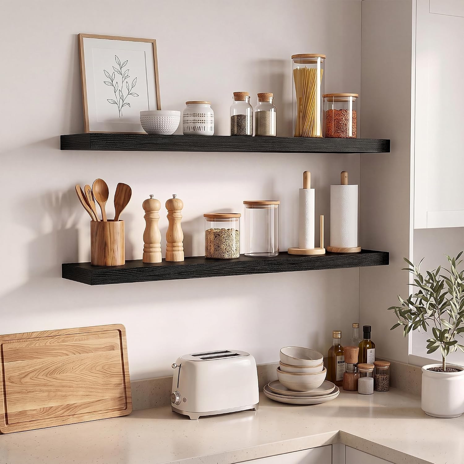 36in Floating Shelves for wall Set of 2, Black Wall Mounted Shelf 9.3in Deep for Wall Decor, Hanging Shelf 1.5in Thick for Living Room, Bedroom, Bathroom, Kitchen, Office