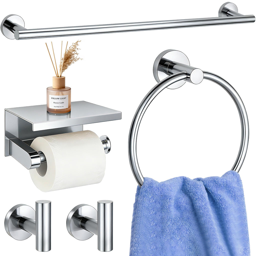 5 Pieces Bathroom Hardware Accessories Set Brushed Gold, 24Inch Bathroom Towel Rack Set SUS304 Stainless Steel, Round Toilet Paper Holder with Shelf Heavy Duty, Wall Mounted