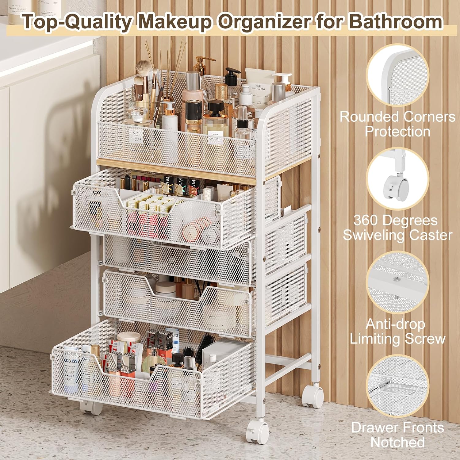 Hongtamoya Makeup Cart Organizer with 4 Drawers, Rolling Makeup Cart, White