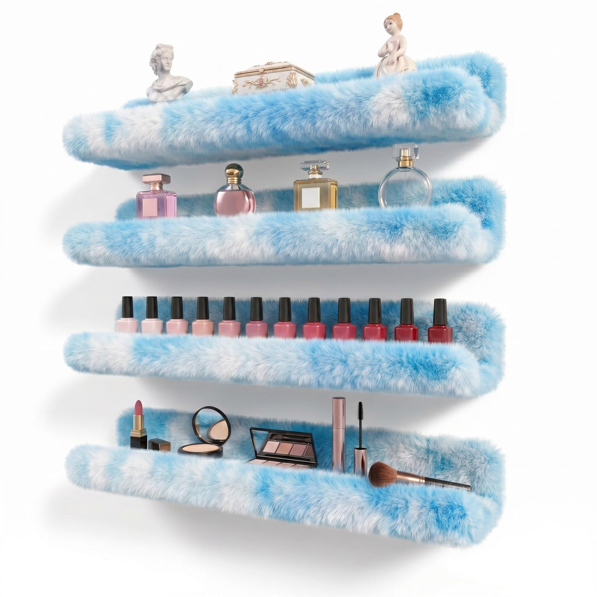 Care&More YJ 15 Inch Nail Polish Shelves, 4-Pack Fuzzy Display Nail Polish Rack for Storing Nail Bottles, Sunglasses, Essential Oils, Plush Soft Pink