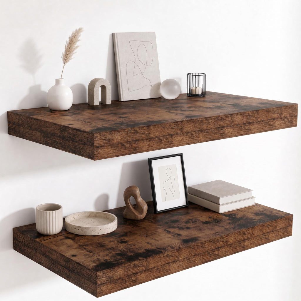 Deep Floating Shelves for Wall, 12 Inch Wide Small Wall Shelves Set of 2, 2 Inch Thick Invisible Wall Mounted Shelves for Bathroom Bedroom Nursery,Walnut Color