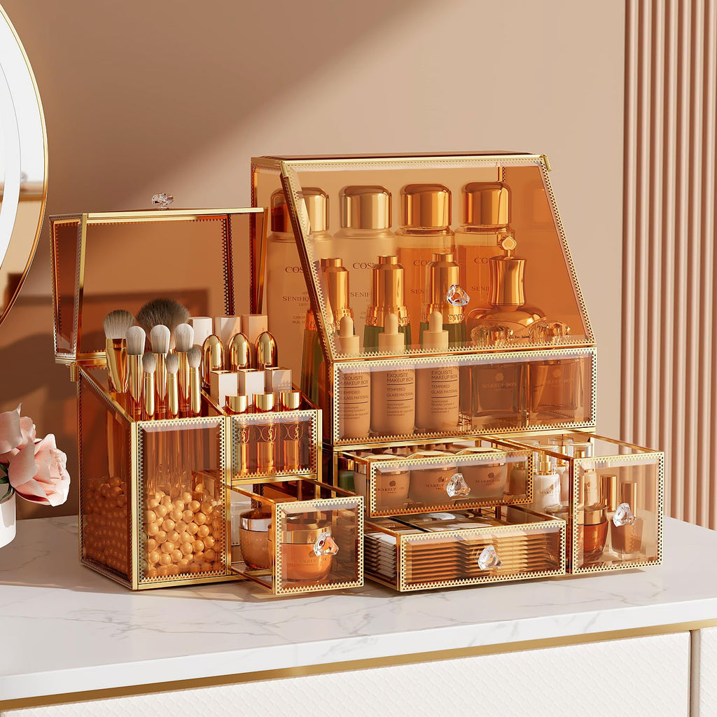 CoralHouse Glass Makeup Organizer with Brush Holder for Vanity