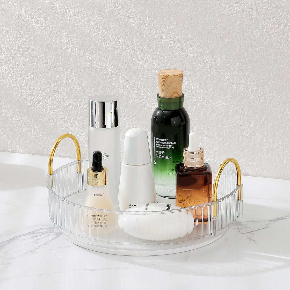 Aveniee 3-Tier 360° Rotating Makeup Organizer, Clear Spinning Perfume Cosmetic Storage for Vanity Countertop, Sturdy Metal Pole Skincare Holder Stand for Bathroom Dresser, White