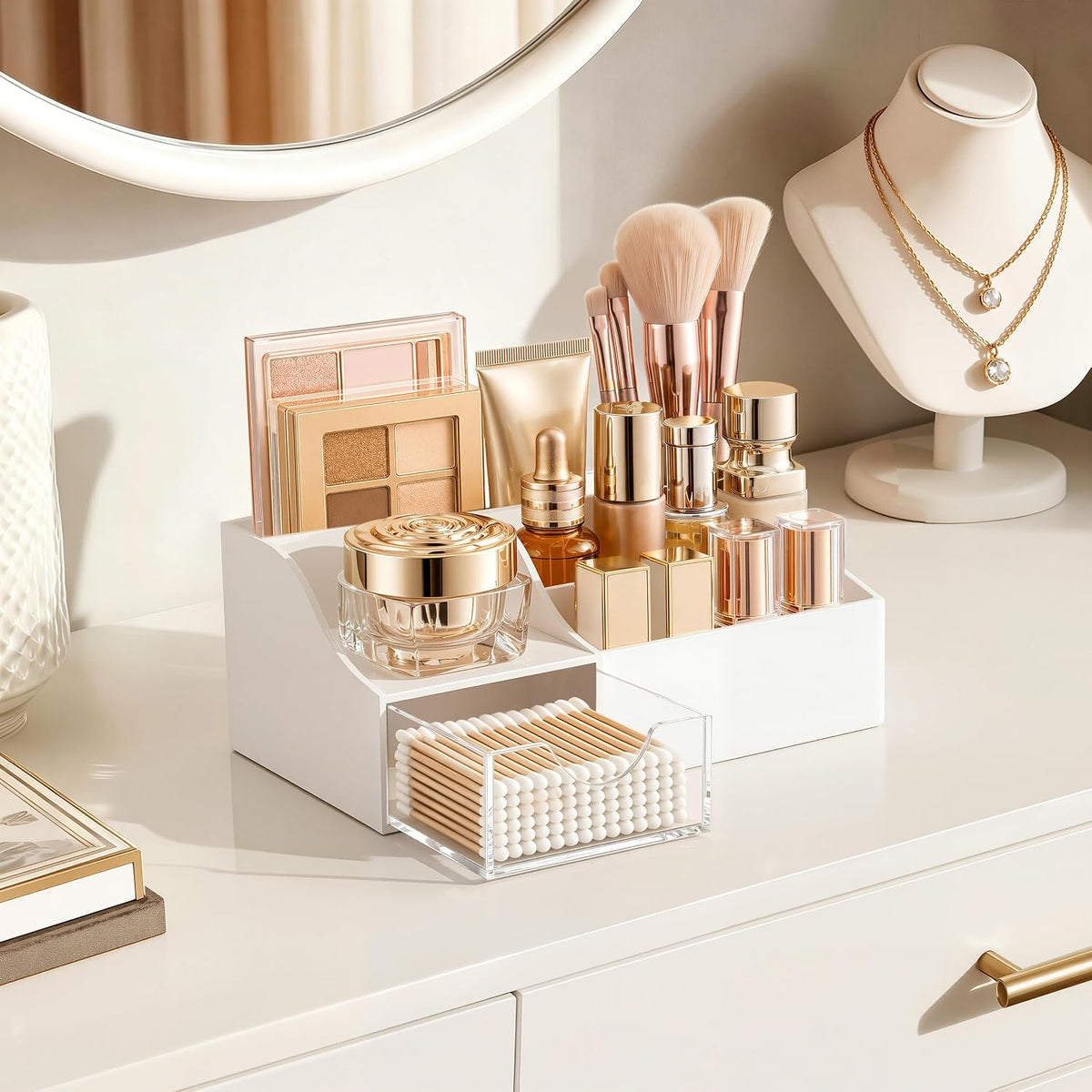 HBlife Makeup Organizer with Drawer – Cosmetic Storage for Vanity, Bathroom Countertop & Dresser, Skincare Organizer with Brush Holder, Beauty Display Case (White)