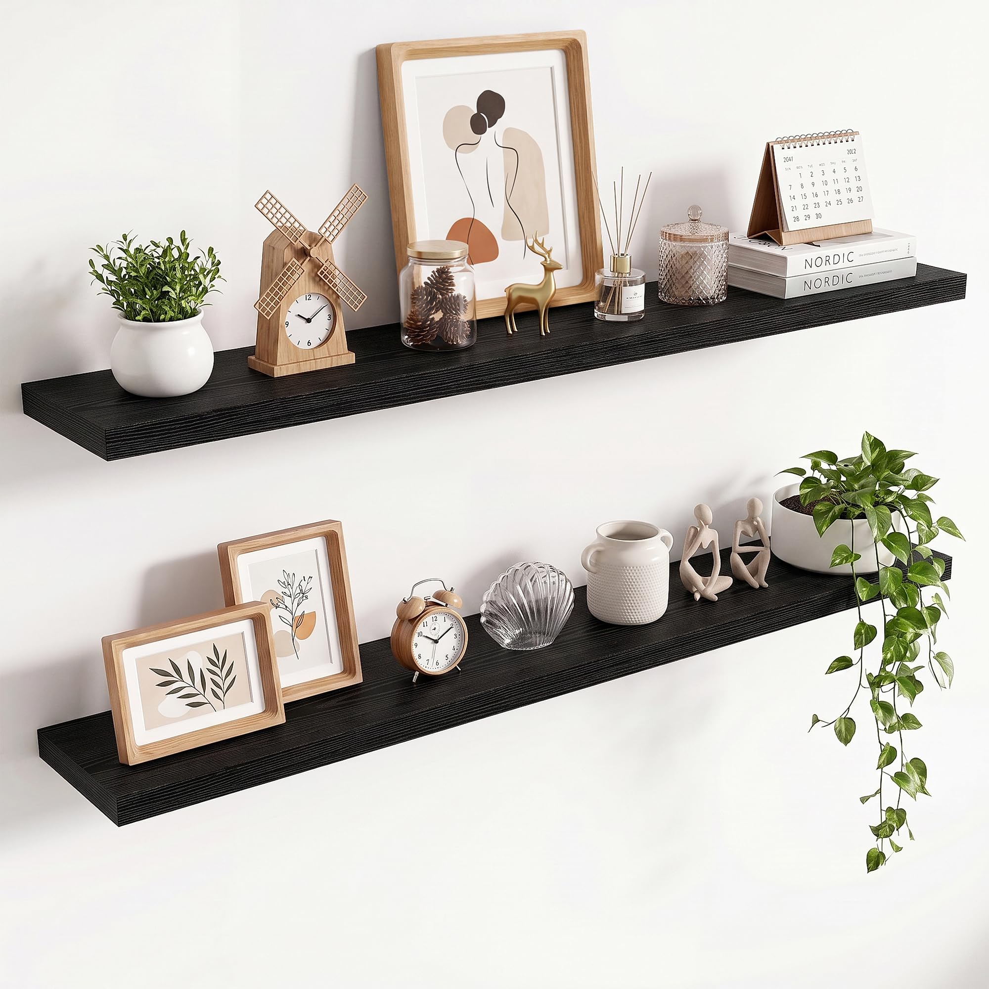 36in Floating Shelves for wall Set of 2, Black Wall Mounted Shelf 9.3in Deep for Wall Decor, Hanging Shelf 1.5in Thick for Living Room, Bedroom, Bathroom, Kitchen, Office