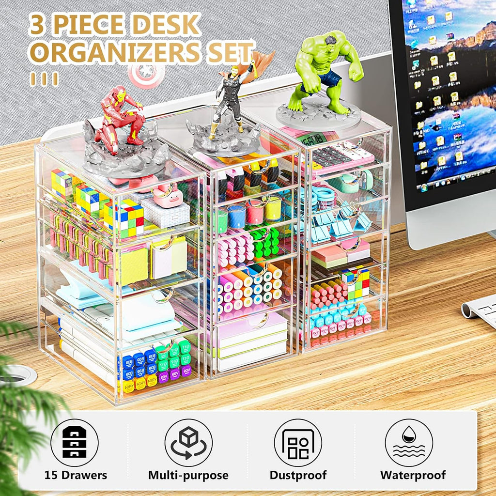 YFXCVSL 3-Pack Acrylic 15-Drawer Storage & Makeup Organizer for Desk