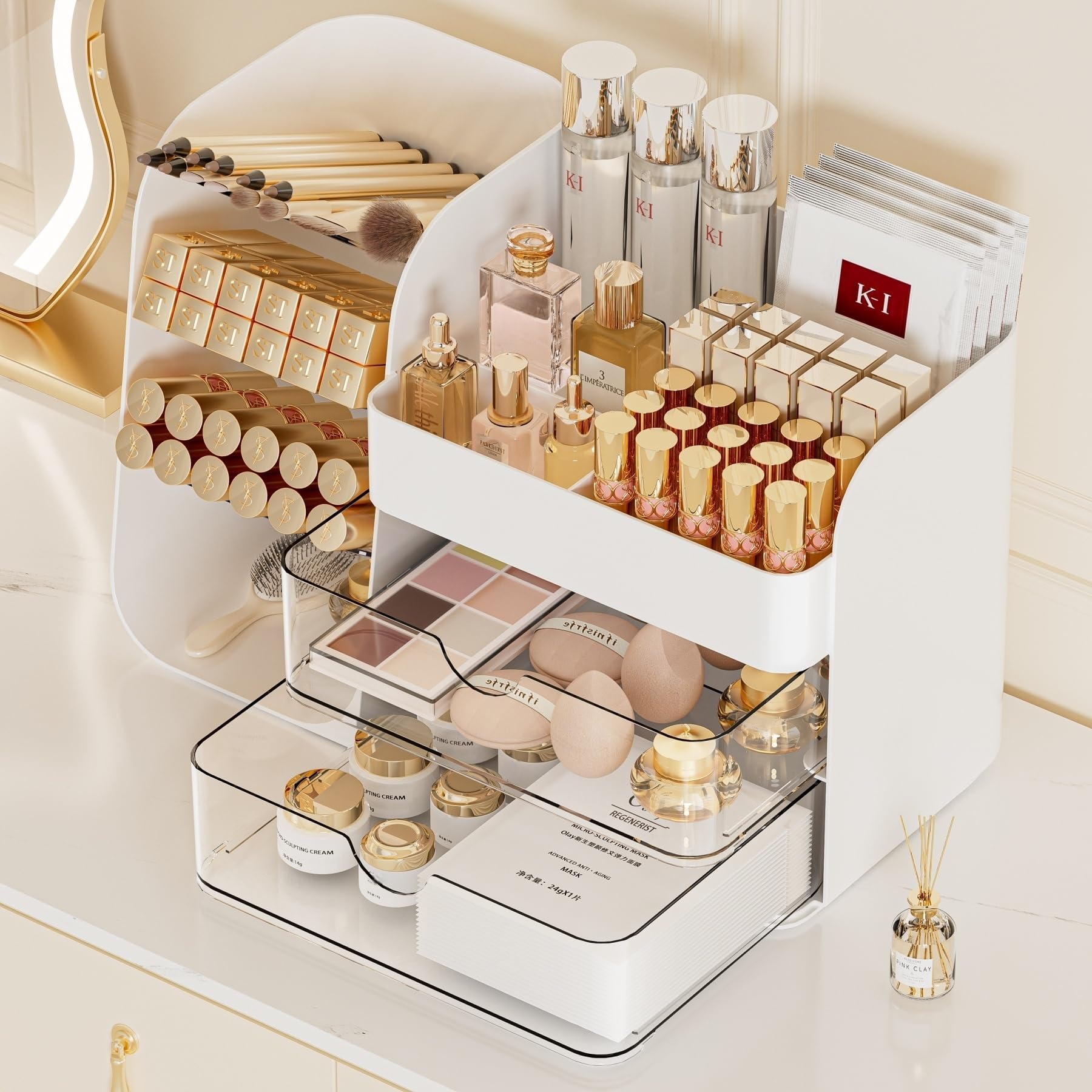 Booklov Large Makeup Organizer for Vanity Countertop, White