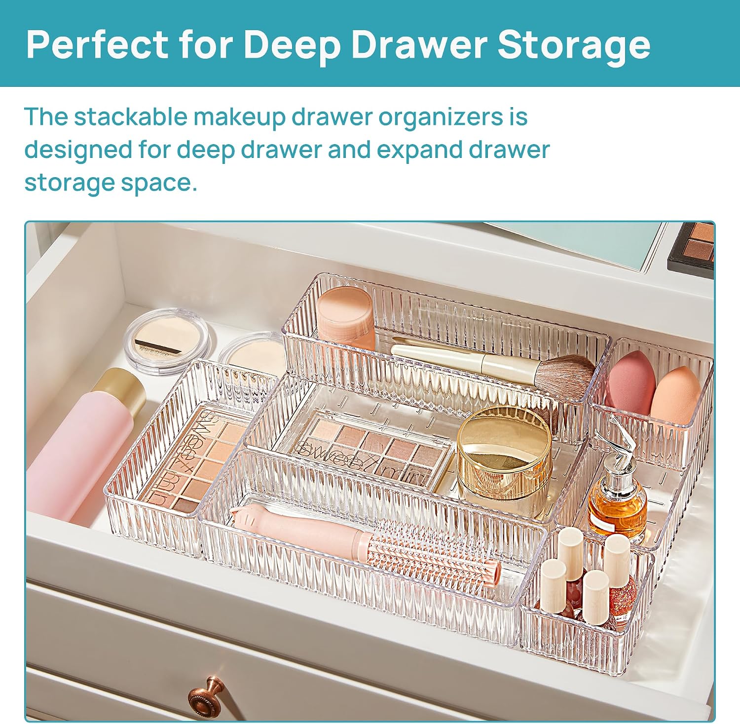 Vtopmart 7 PCS Clear Makeup Drawer Organizers Bins, 4-Size Stackable Makeup and Vanity Organizer Trays, Acrylic Bathroom Storage Containers for Cosmetic, Toiletries, Office Supply, Utensils, Gadgets