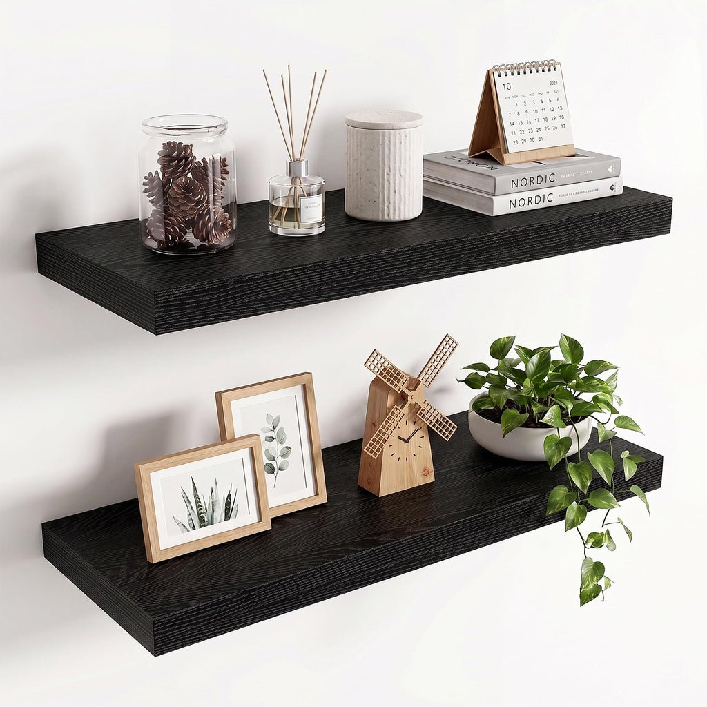 36in Floating Shelves for wall Set of 2, Black Wall Mounted Shelf 9.3in Deep for Wall Decor, Hanging Shelf 1.5in Thick for Living Room, Bedroom, Bathroom, Kitchen, Office