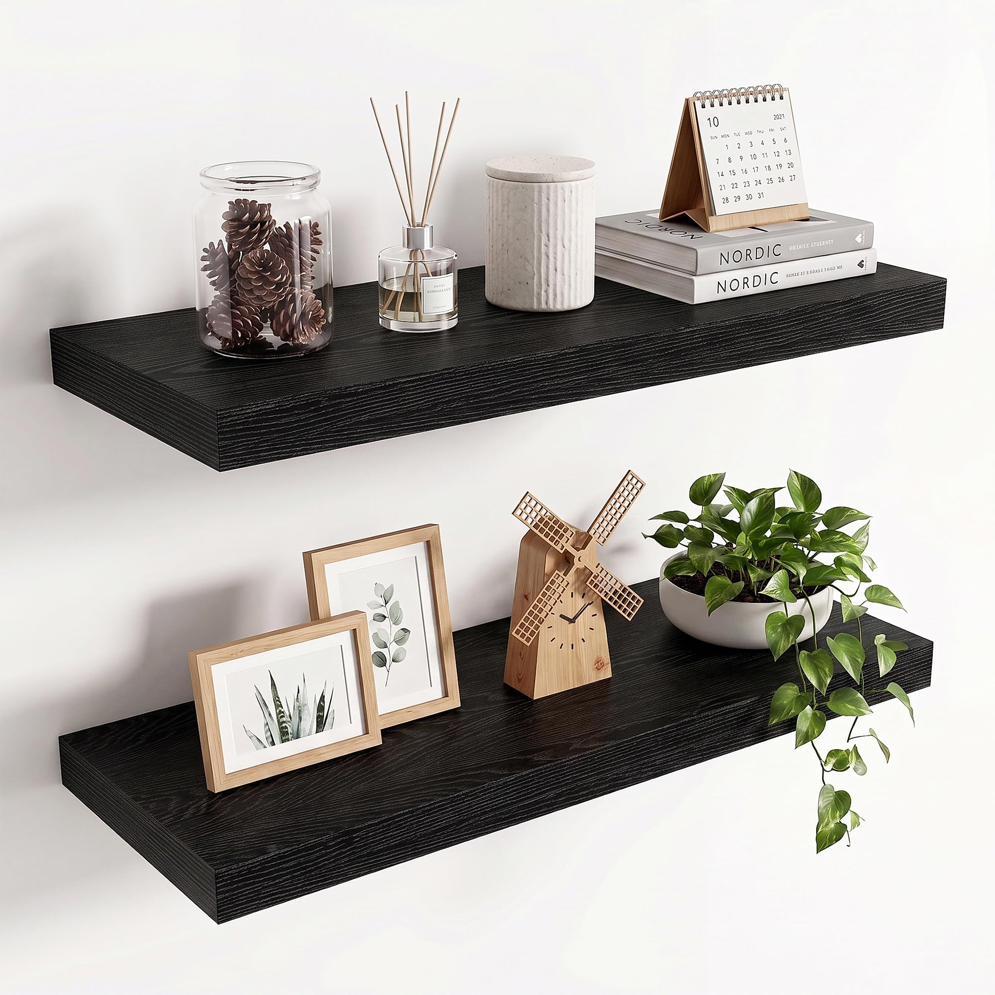 36in Floating Shelves for wall Set of 2, Black Wall Mounted Shelf 9.3in Deep for Wall Decor, Hanging Shelf 1.5in Thick for Living Room, Bedroom, Bathroom, Kitchen, Office