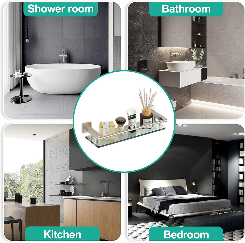 Glass Shelves for Bathroom, 16IN Brushed Nickel Bathroom Shelves for Wall Rectangular Stainless Steel Tempered Glass Modern use for Shelf Sink Over Toilet