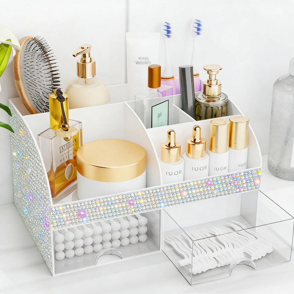 Makeup Organizer with Drawers, Cosmetic Storage for Dresser Vanity and Bathroom Countertop, Beauty Holder for Lipstick Brush, Skincare Organizer for Vanity, Cosmetic Display Case (Black-2Pack)