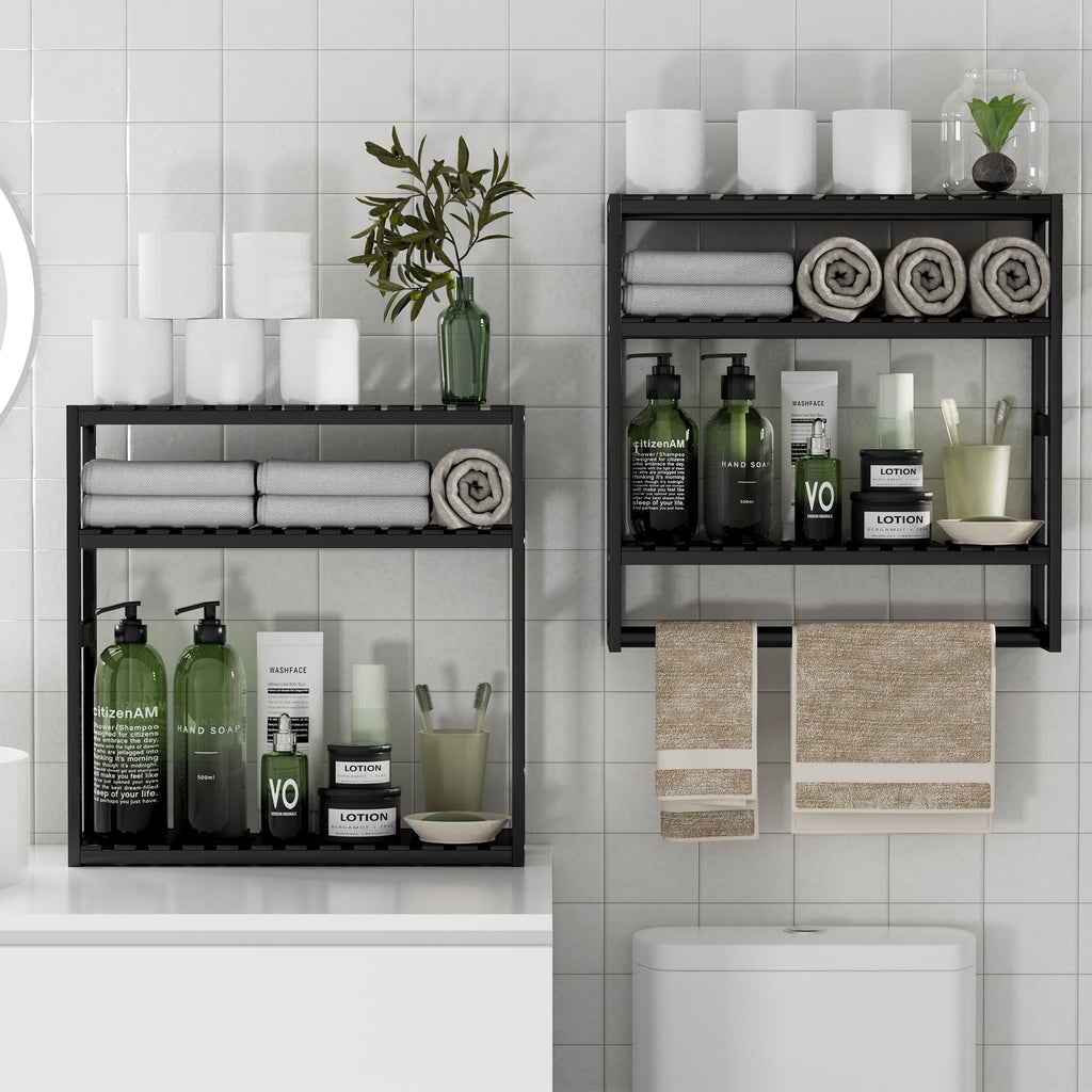 PPN 100% Bamboo Towel Rack Bathroom Storage Shelves Over Toilet Towel Bar