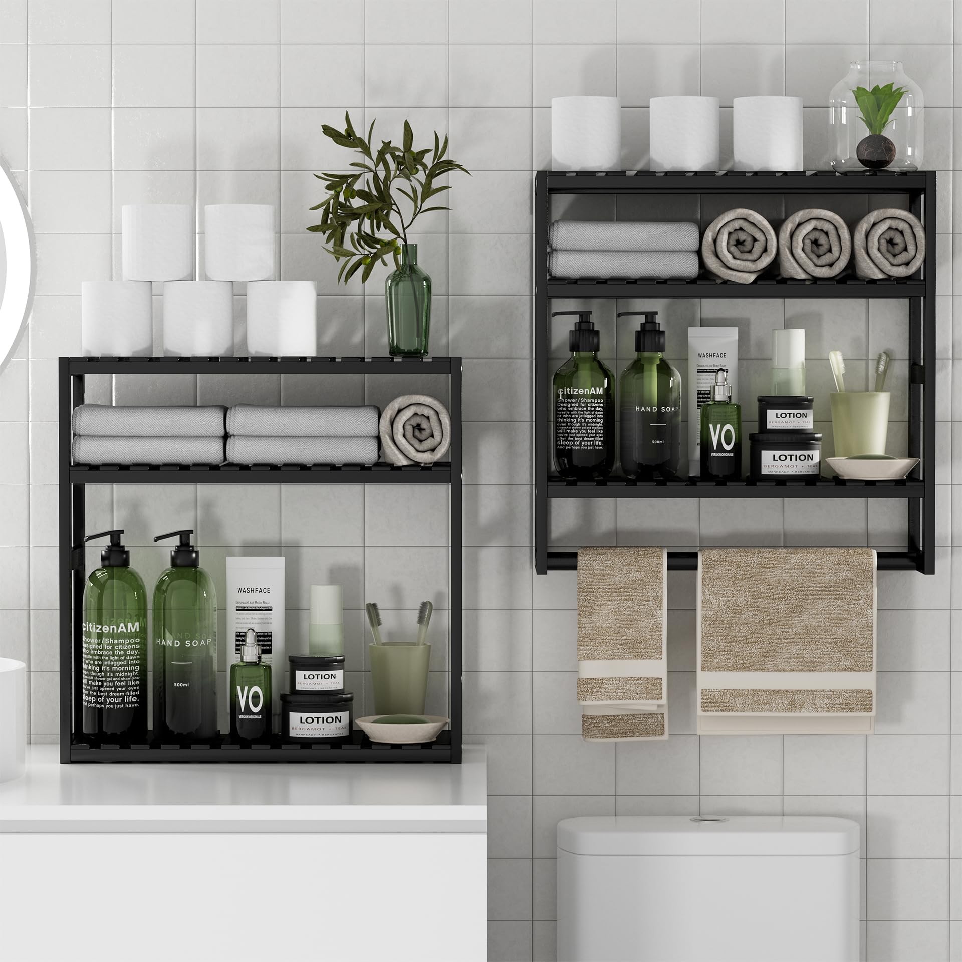 PPN 100% Bamboo Towel Rack Bathroom Storage Shelves Over Toilet Towel Bar