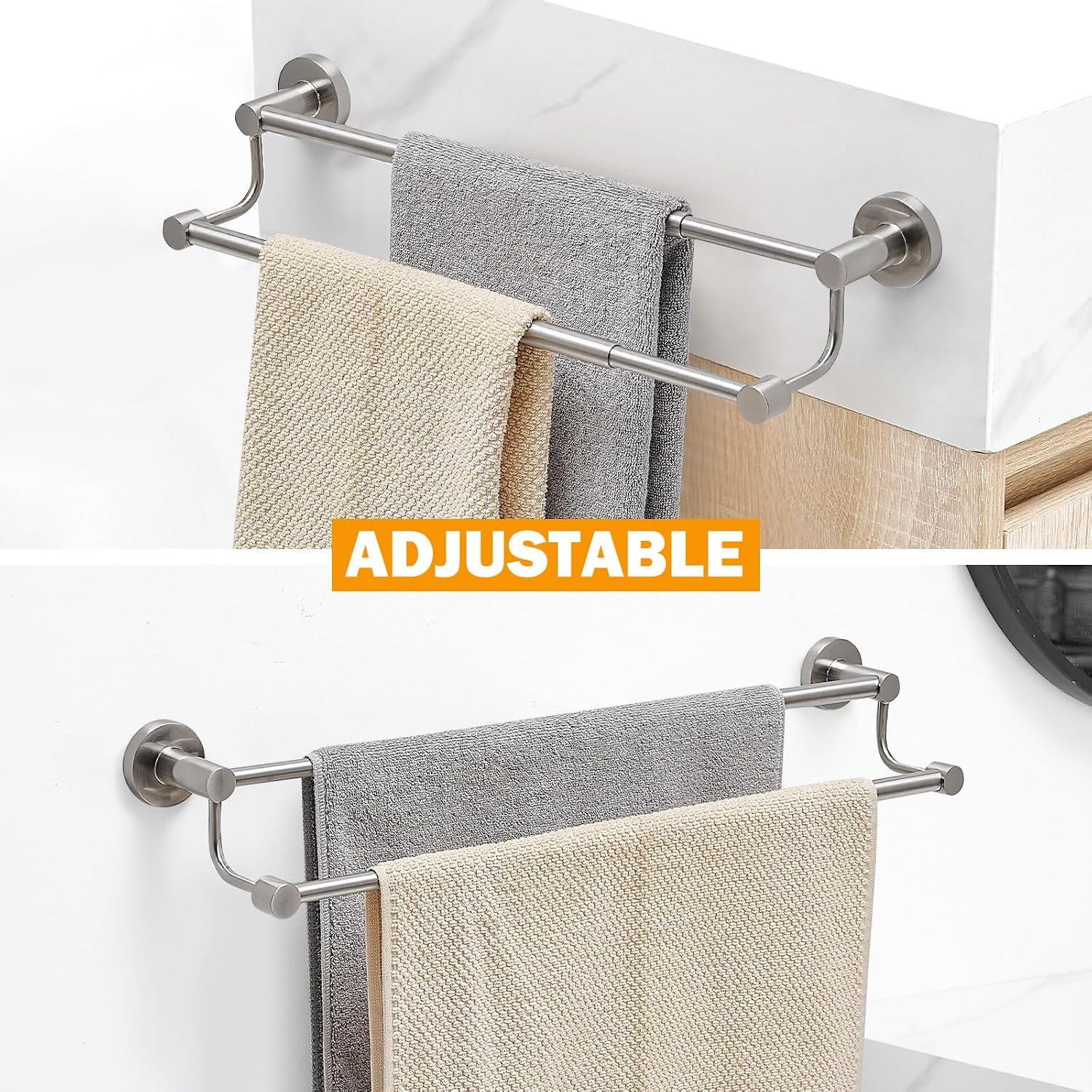 BESy Double Towel Bar Towel Rack for Bathroom Wall Mounted Brushed Nickel
