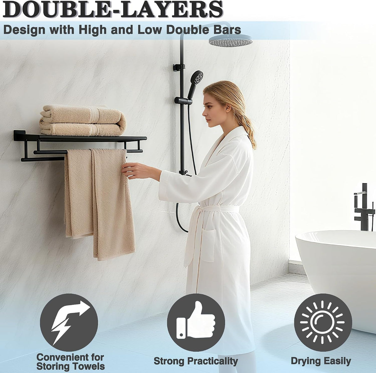 Alise Double Towel Rack for Bathroom Wall Mounted 24 Inch,Matte Black