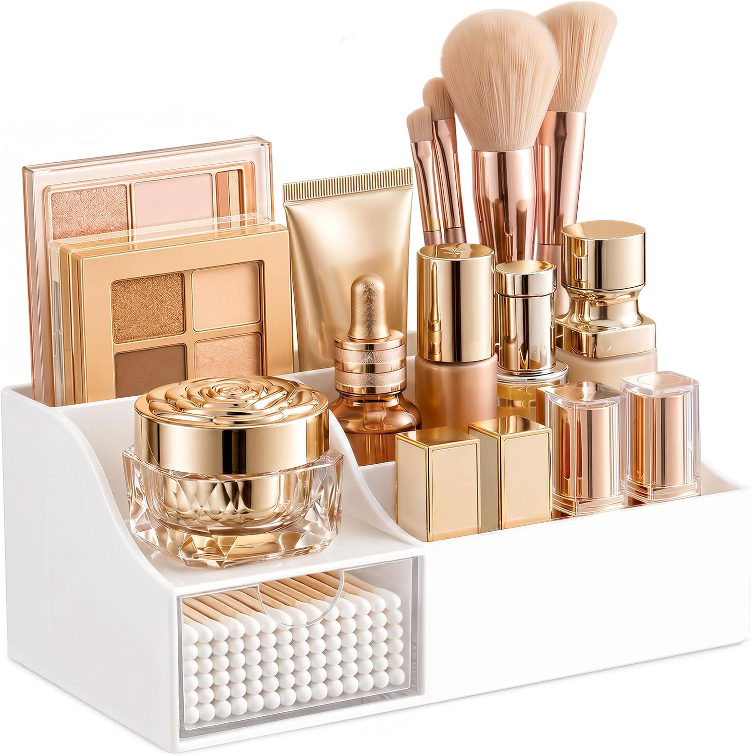 HBlife Makeup Organizer with Drawer – Cosmetic Storage for Vanity, Bathroom Countertop & Dresser, Skincare Organizer with Brush Holder, Beauty Display Case (White)