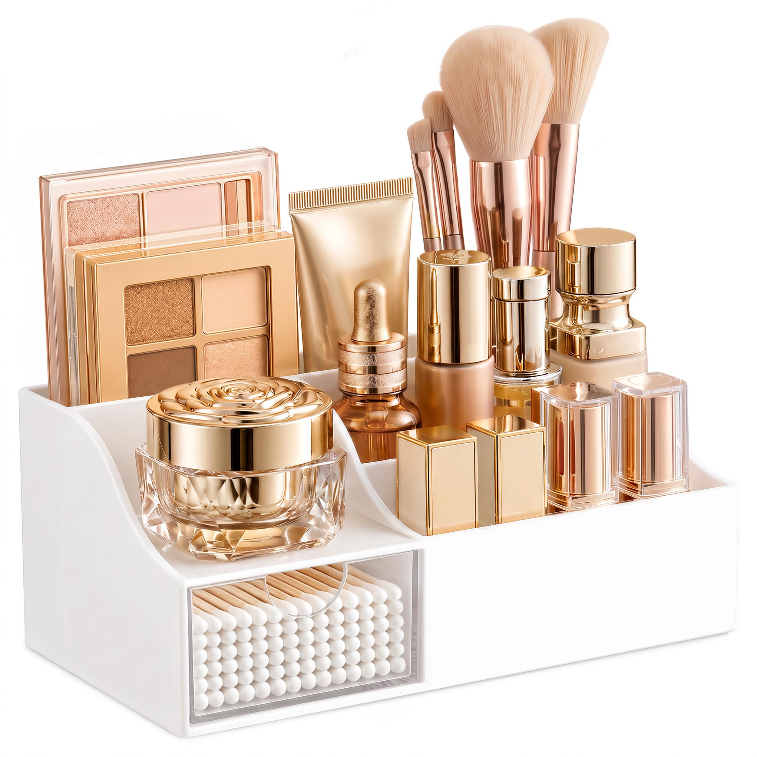 HBlife Makeup Organizer with Drawer – Cosmetic Storage for Vanity, Bathroom Countertop & Dresser, Skincare Organizer with Brush Holder, Beauty Display Case (White)