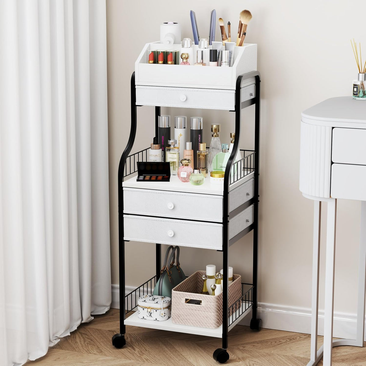HapiRm Floor Makeup Organizer Storage - Vanity Skincare Make Up Organizers and Storage with Drawers, Cosmetics Display Cases Holder for Skin Care Nail Polish Perfume Makeup Brush