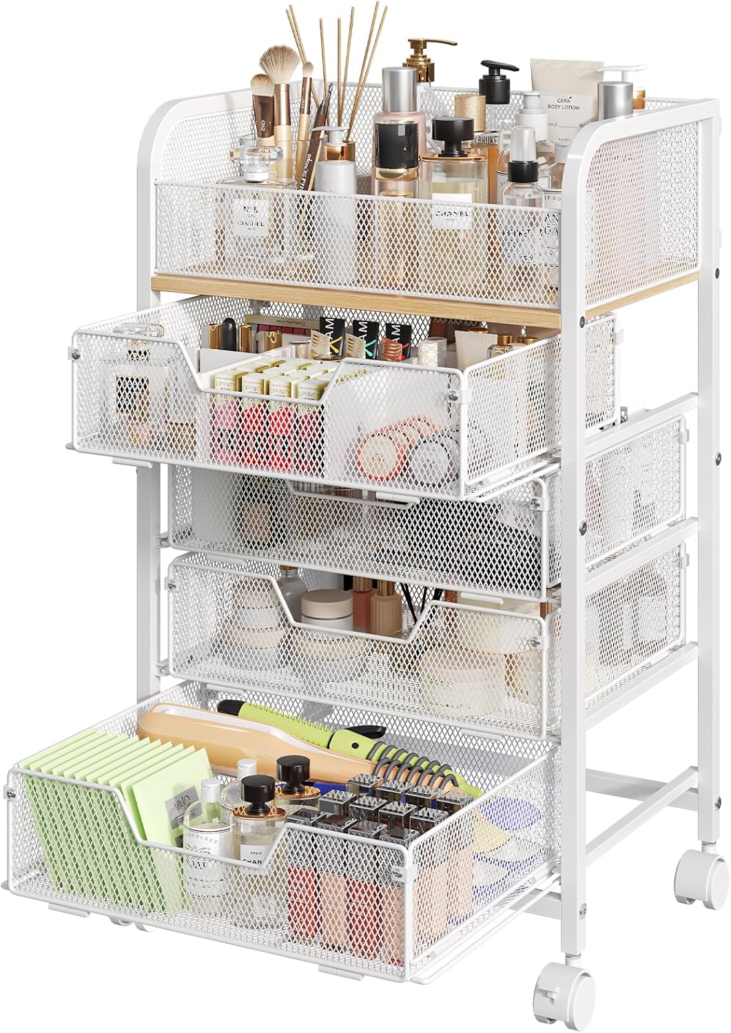 Hongtamoya Makeup Cart Organizer with 4 Drawers, Rolling Makeup Cart, White