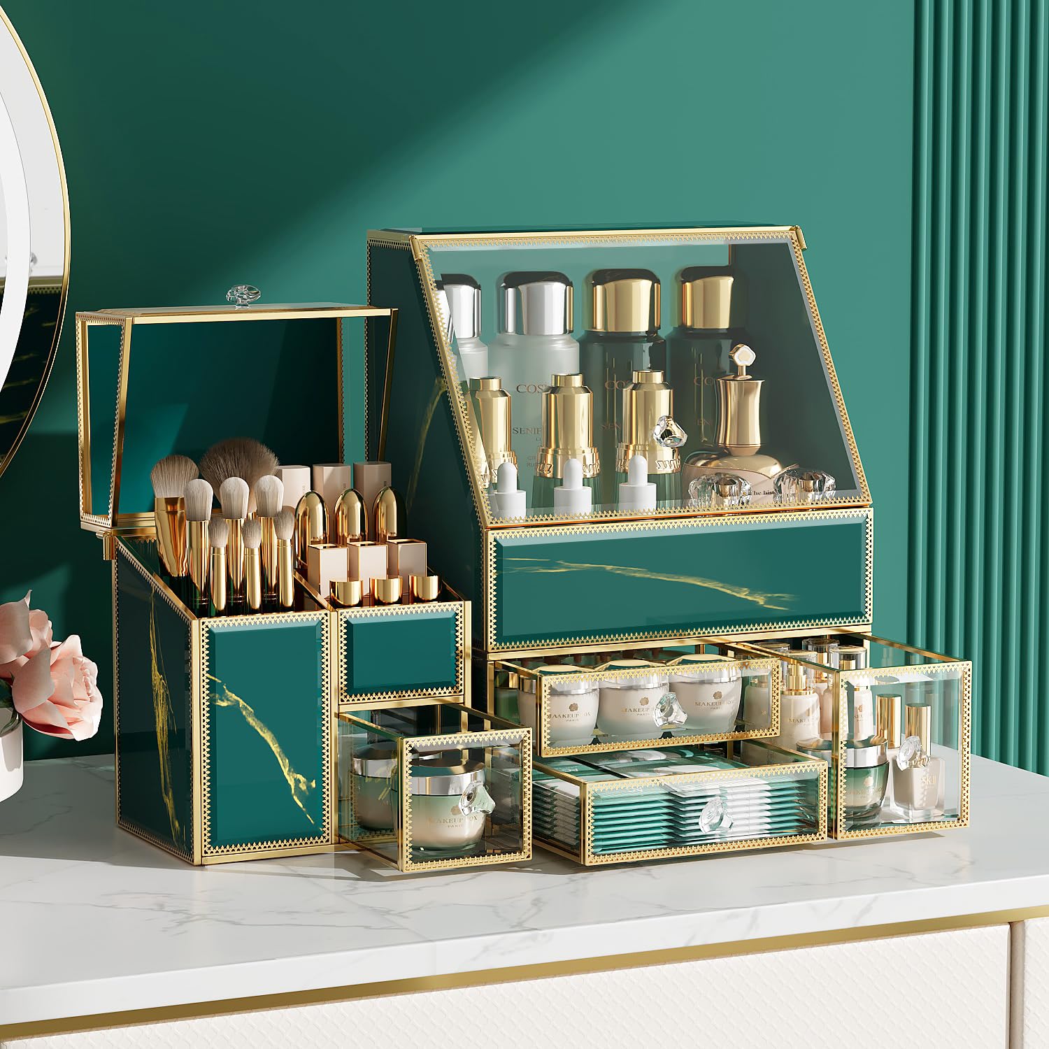 CoralHouse Glass Makeup Organizer with Brush Holder for Vanity