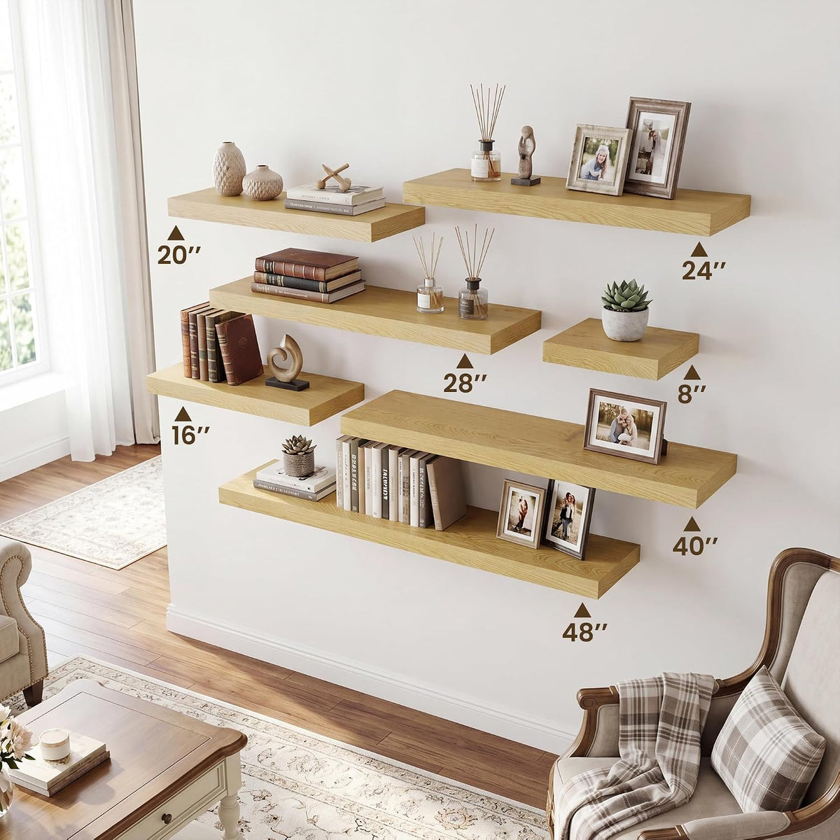 RICHFOCUS 28Inch Floating Shelves for Wall 2 Pack Shelves for Bedroom|Kitchen|Bathroom|Laundry Room Rustic Wood Wall Mounted Shelf with Invisible Brackets for Books|Storage|Decor, Oak