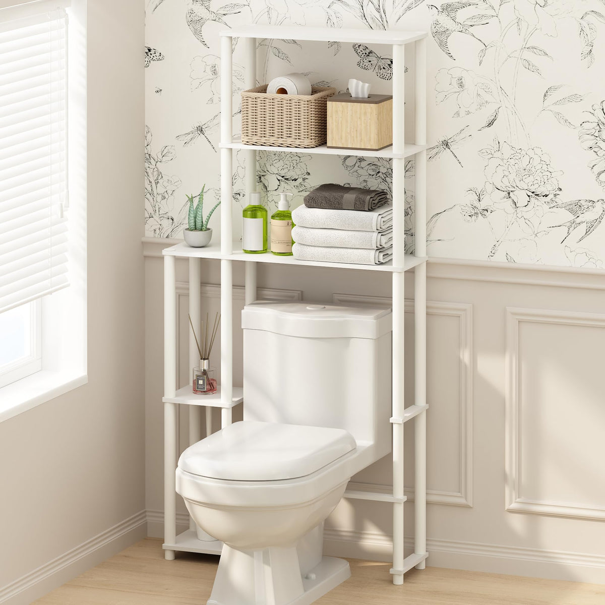 Furinno Turn-N-Tube Over The Toilet Storage, 5-Shelf Over The Toilet Organizer, Freestanding Space Saver Bathroom Shelf, for Bathroom Organizers and Storage, Plain White