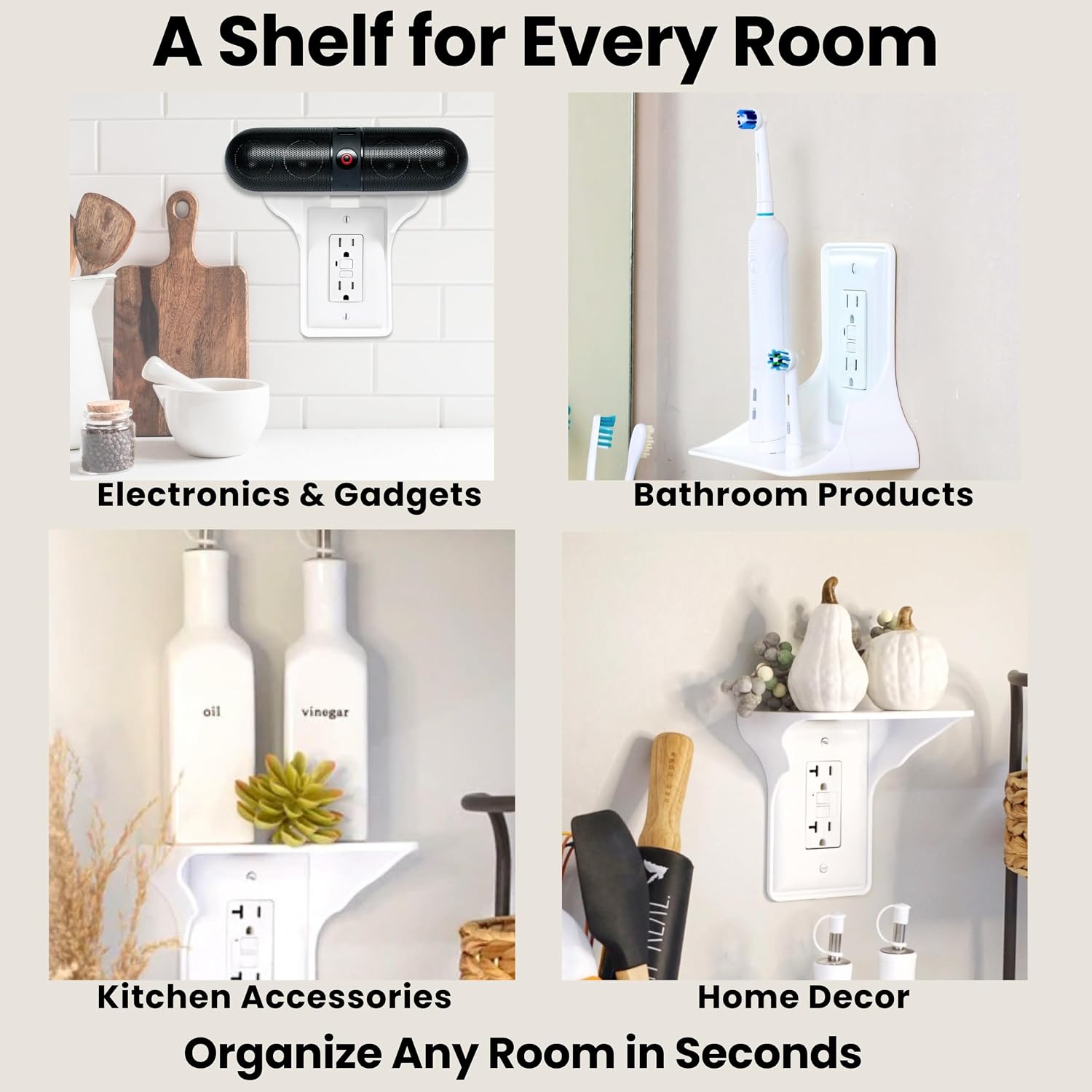 Power Perch Outlet Shelf with Cord Storage Strap, Plug Shelf White 2-Pack