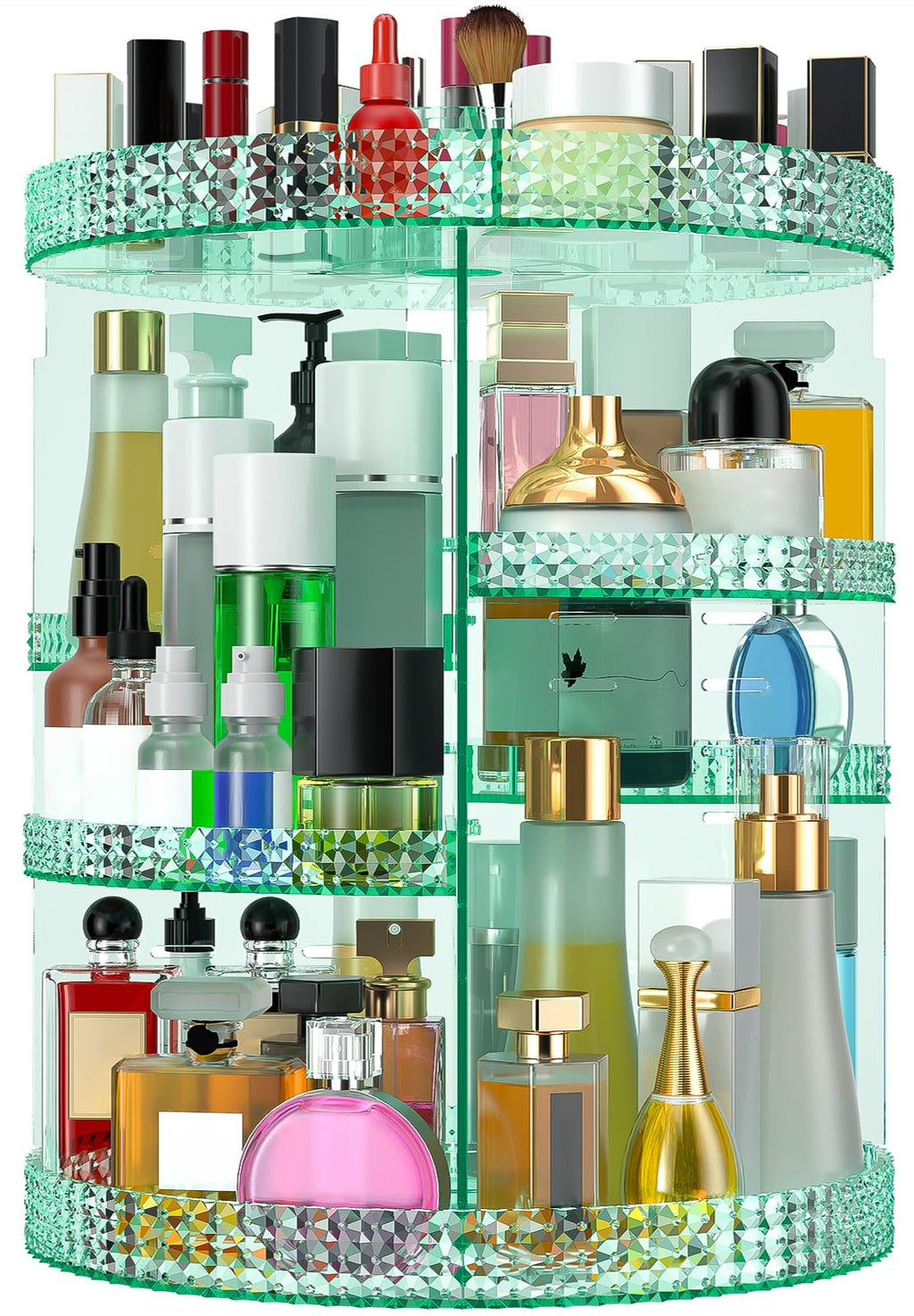Makeup Organizer 360 rotating, Adjustable Skincare Organizers with Brush Holder, Cosmetics Display Cases for Vanity Bathroom Countertop Large Capacity Carousel Make up Caddy Shelf (Black)