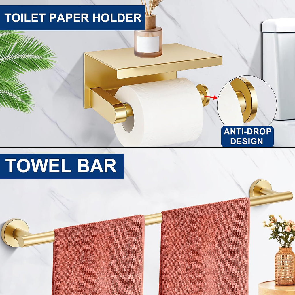 5 Pieces Bathroom Hardware Accessories Set Brushed Gold, 24Inch Bathroom Towel Rack Set SUS304 Stainless Steel, Round Toilet Paper Holder with Shelf Heavy Duty, Wall Mounted