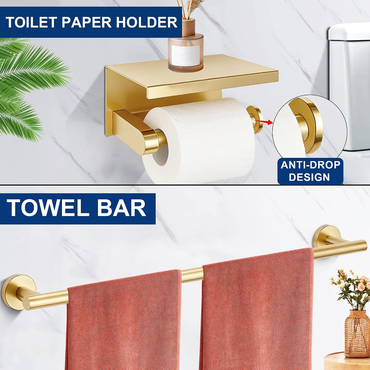 5 Pieces Bathroom Hardware Accessories Set Brushed Gold, 24Inch Bathroom Towel Rack Set SUS304 Stainless Steel, Round Toilet Paper Holder with Shelf Heavy Duty, Wall Mounted