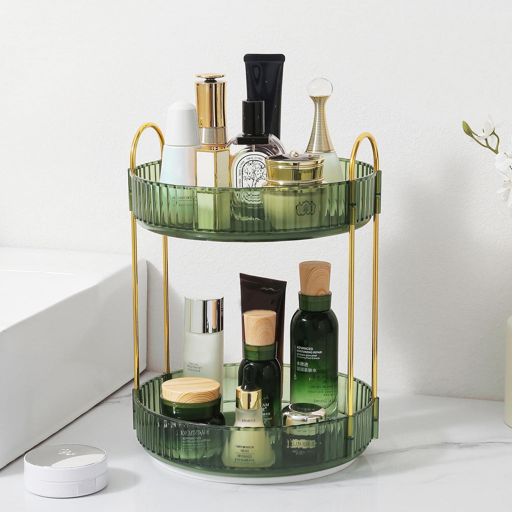 Aveniee 3-Tier 360° Rotating Makeup Organizer, Clear Spinning Perfume Cosmetic Storage for Vanity Countertop, Sturdy Metal Pole Skincare Holder Stand for Bathroom Dresser, White