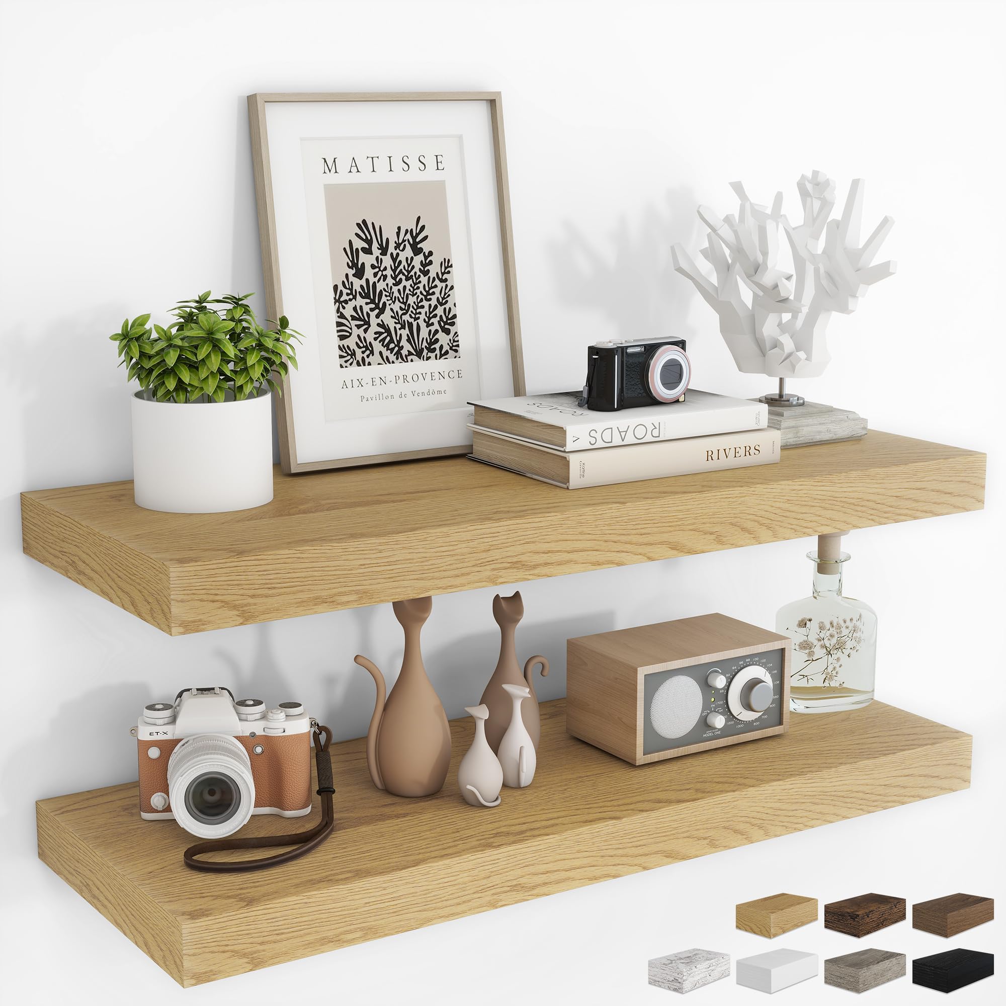 RICHFOCUS 28Inch Floating Shelves for Wall 2 Pack Shelves for Bedroom|Kitchen|Bathroom|Laundry Room Rustic Wood Wall Mounted Shelf with Invisible Brackets for Books|Storage|Decor, Oak