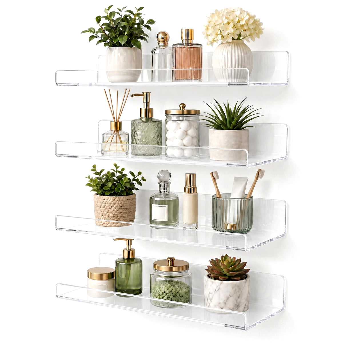 White Acrylic Bathroom Shelf Wall Mounted Floating Organizer with Front Lip