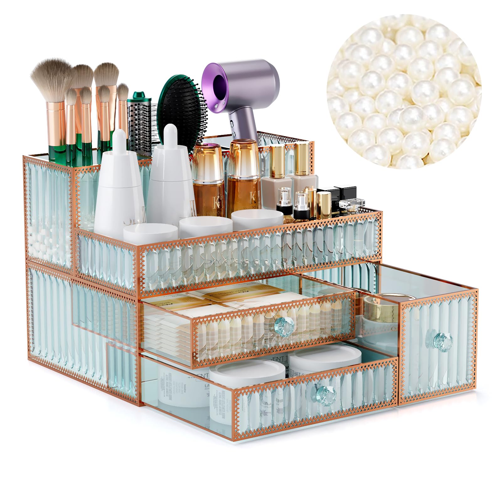 Youdepot Makeup Organizer Countertop - Tempered Glass Vanity Organizer for Cosmetics, Skincare, Hair Tools, Brushes, Perfume - Multipurpose Bathroom Counter Skincare Organizer