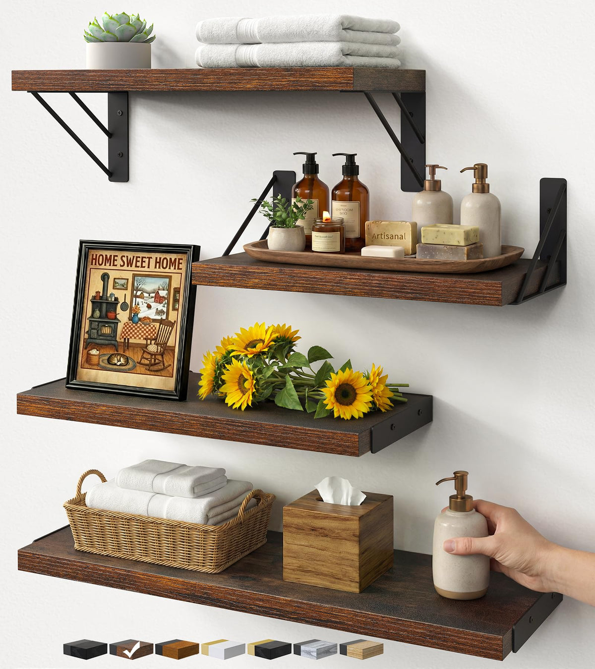 BAYKA Floating Shelves for Wall, Book Shelf for Bedroom, Decor Shelves for Living Room Kitchen, Mounted Wood Floating Shelf for Home Decor, Corner Shelf for Bathroom, Office(Dark Brown,Set of 4)