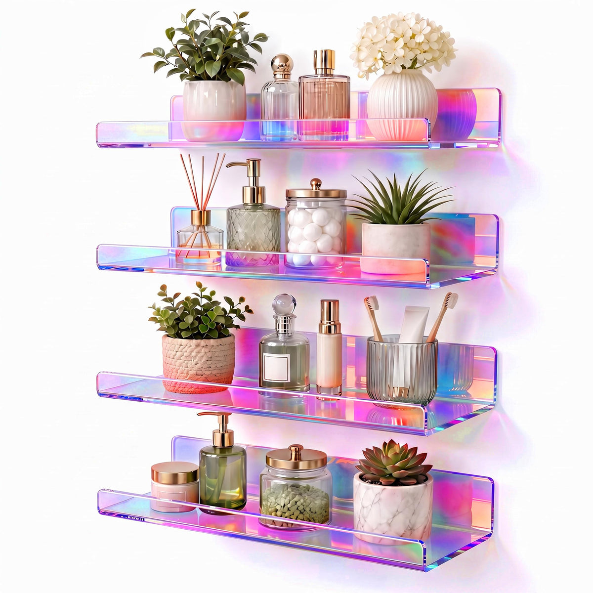 White Acrylic Bathroom Shelf Wall Mounted Floating Organizer with Front Lip