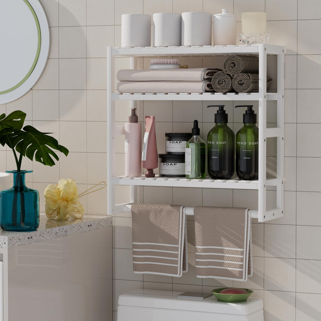 PPN 100% Bamboo Towel Rack Bathroom Storage Shelves Over Toilet Towel Bar