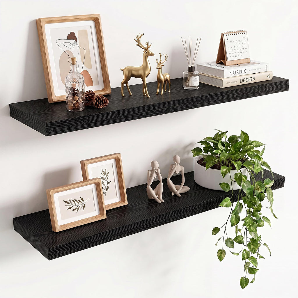 36in Floating Shelves for wall Set of 2, Black Wall Mounted Shelf 9.3in Deep for Wall Decor, Hanging Shelf 1.5in Thick for Living Room, Bedroom, Bathroom, Kitchen, Office