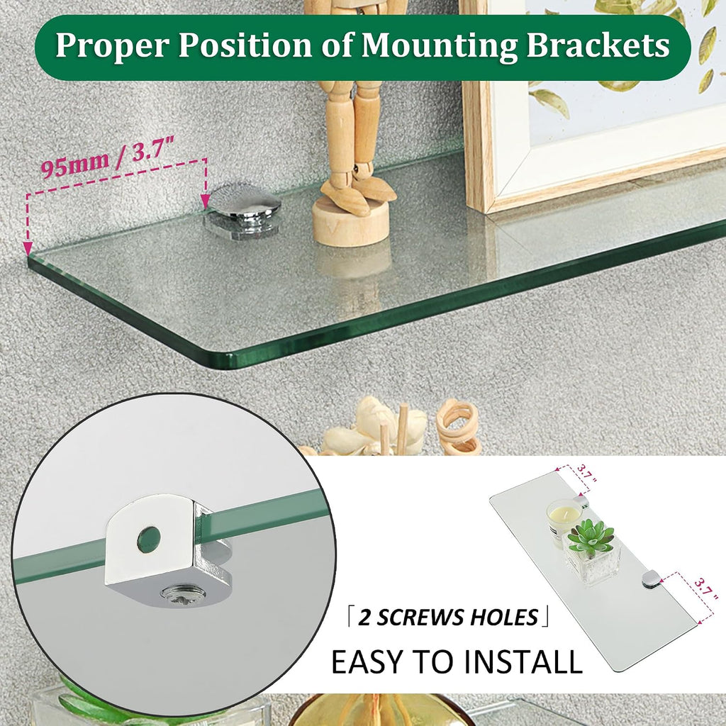 SAYAYO Floating Glass Shelves for Bathroom, Tempered Glass Shelf for Wall 15 x 5 Inch 2 Pack, Clear