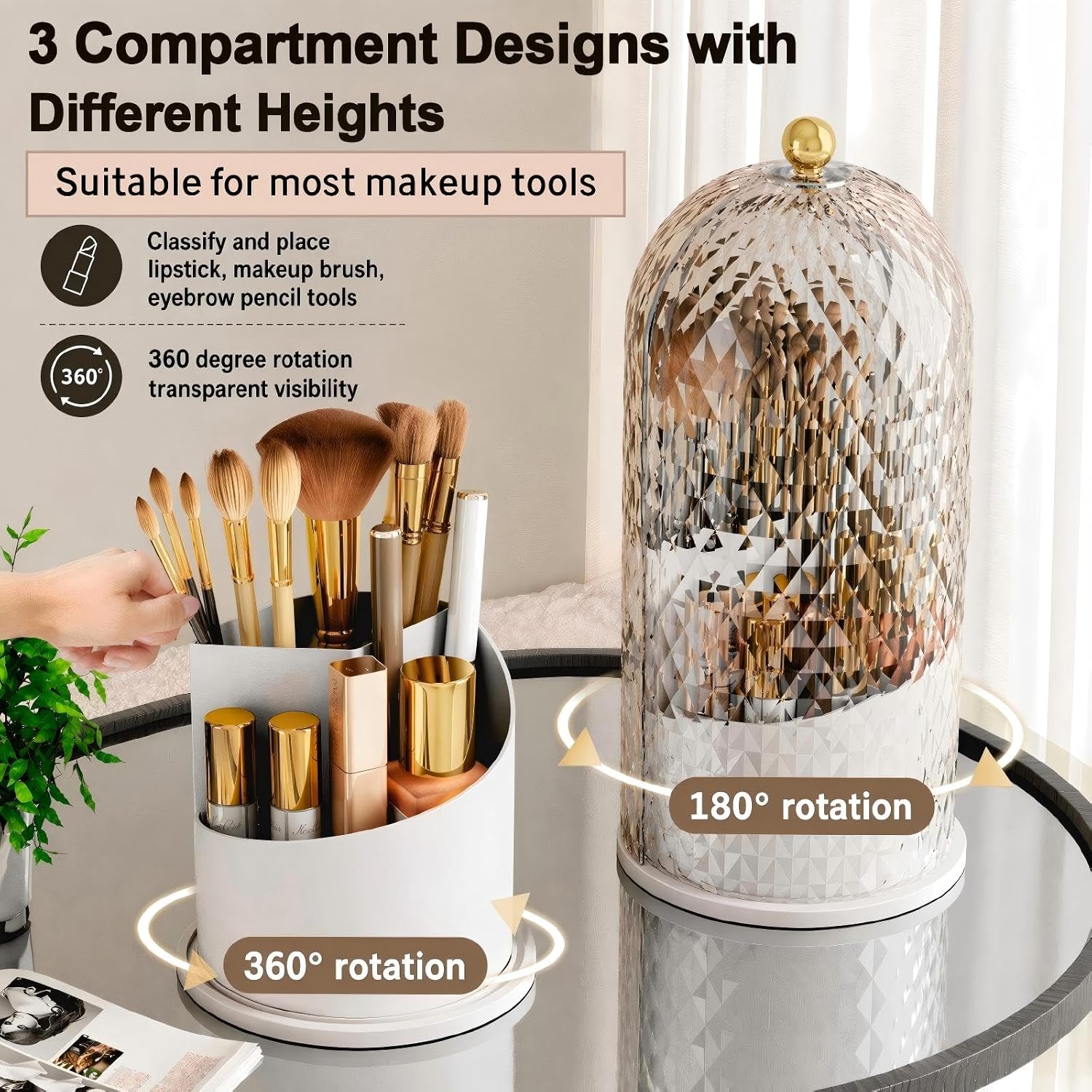 Makeup Brush Holder with Lid,360 Rotating Makeup Organizer