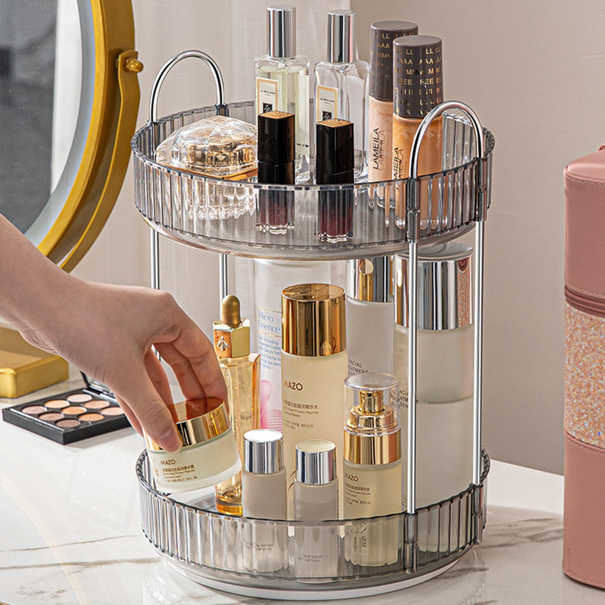 Aveniee 3-Tier 360° Rotating Makeup Organizer, Clear Spinning Perfume Cosmetic Storage for Vanity Countertop, Sturdy Metal Pole Skincare Holder Stand for Bathroom Dresser, White