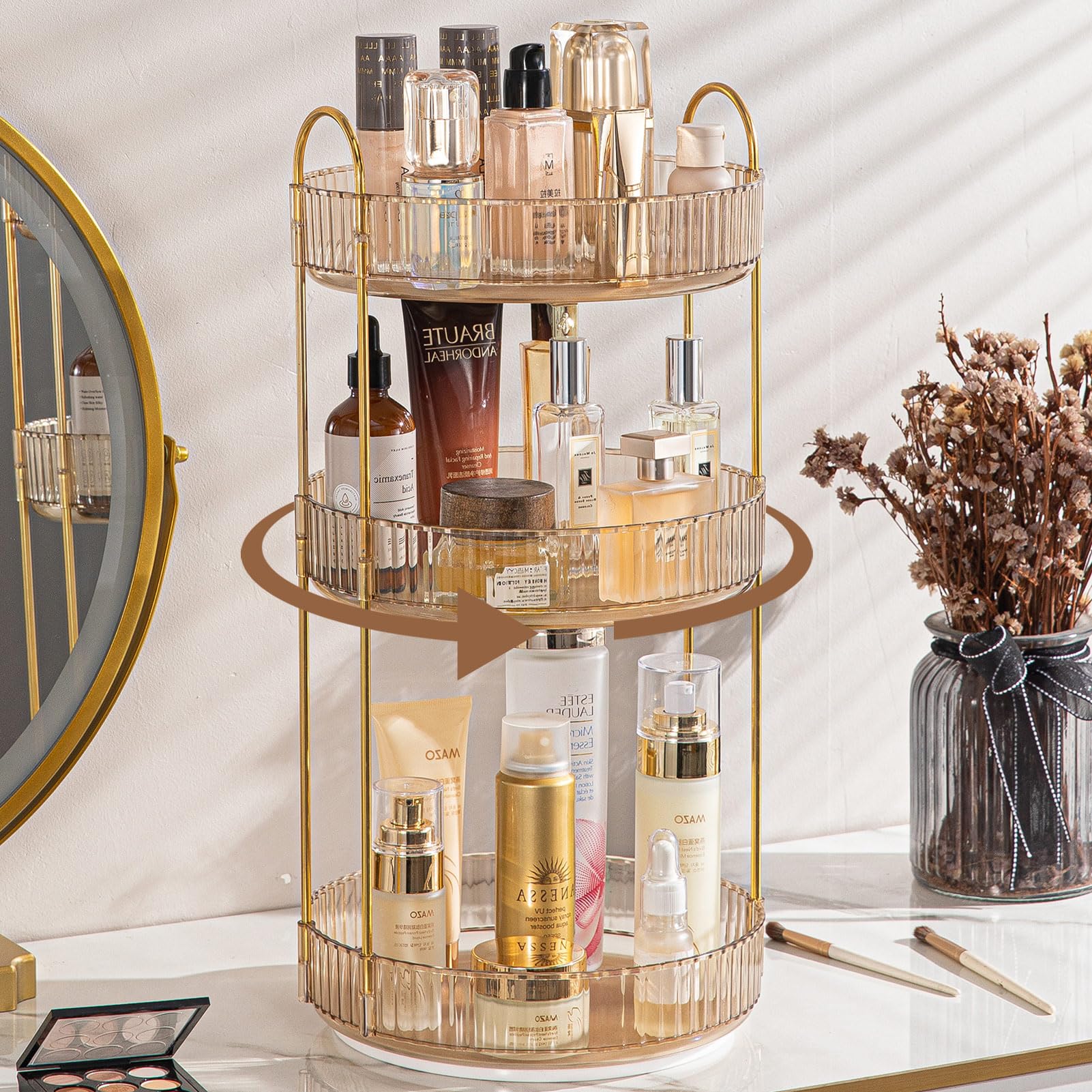 shuang qing Rotating Makeup Organizer for Vanity, Large Capacity Skincare Perfume Storage, Bathroom Counter Organizer, 360 Spinning Cosmetic Dresser Countertop Organizers (Clear, 3 Tier)